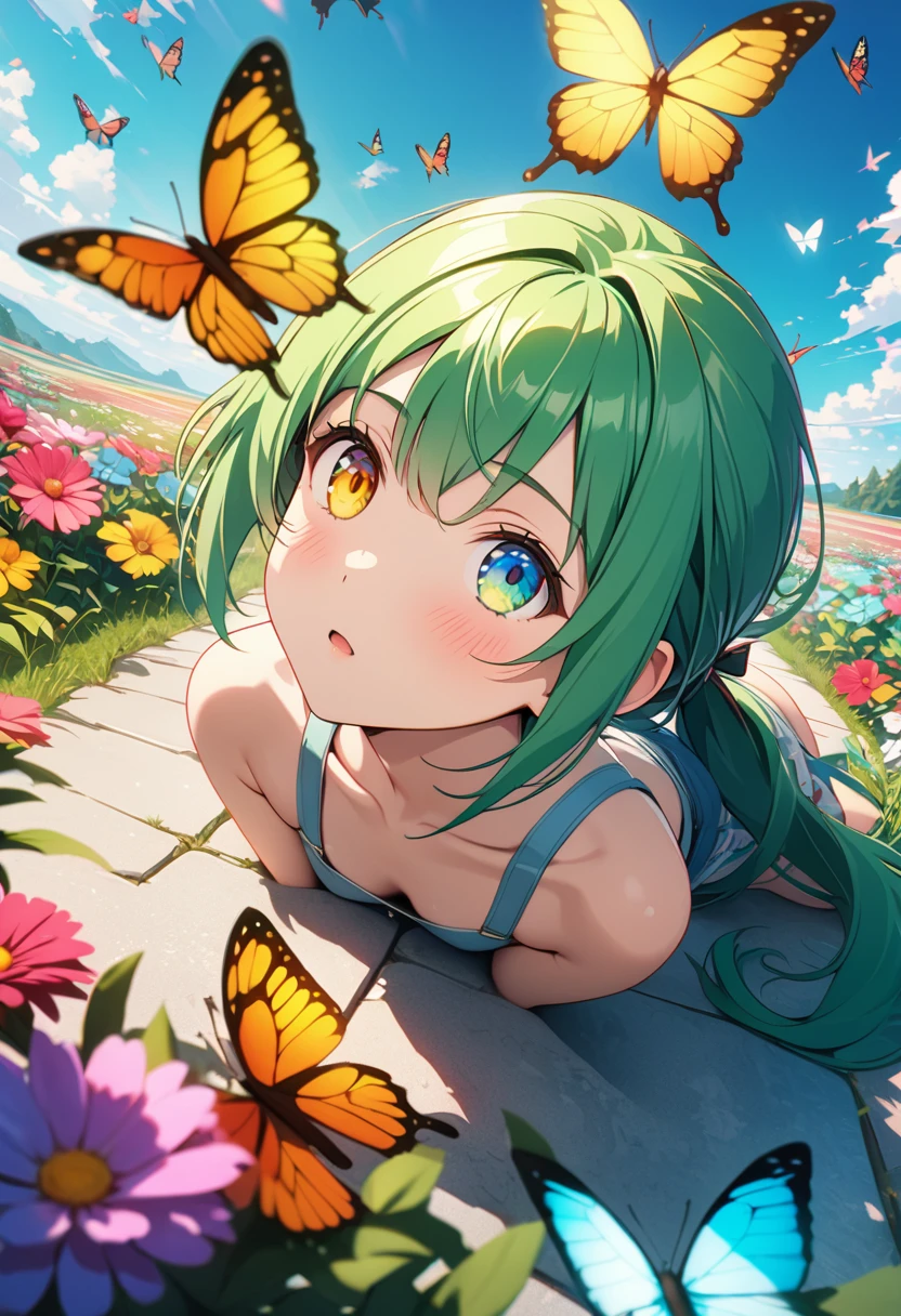 masterpiece, cat girl with green hair, heterochromia of {{{yellow right eye}}} and {{{green left eye}}}, single ponytail, looking up at the sky), (Many butterflies flying in the sky), Beautiful sky, summer，Colorful flowers are blooming everywhere, Mysterious and dreamy , quality\(8K,CG wallpaper, masterpiece,High resolution,top-quality, Best quality,Very detailed,Light,Ray Tracing,Golden Ratio), drop shadow, anaglyph, stereogram, tachi-e, atmospheric perspective, 8K, super detail, best quality, anatomically correct, close up