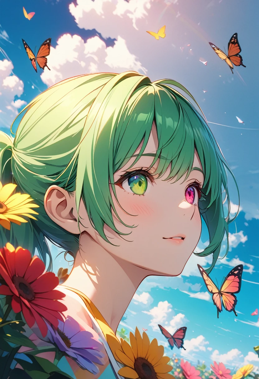 masterpiece, cat girl with green hair, heterochromia of {{{yellow right eye}}} and {{{green left eye}}}, single high ponytail, looking up at the sky), (Many butterflies flying in the sky), Beautiful sky, summer，Colorful flowers are blooming everywhere, Mysterious and dreamy , quality\(8K,CG wallpaper, masterpiece,High resolution,top-quality, Best quality,Very detailed,Light,Ray Tracing,Golden Ratio), drop shadow, anaglyph, stereogram, tachi-e, atmospheric perspective, 8K, super detail, best quality, anatomically correct, close up