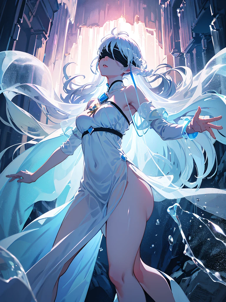 Profile of an anime girl walking through a cave with ice walls, (((Distant Photography))), The ice walls create the most perfect reflections, (((Blindfold Full White))), Casual long white dress with syrup, Gray Hair, Long sideburns, Glowing, almost white eyes, Perfect thick lips, Small Mouth, Small breasts, Thick legs, Big Ass, {Highly detailed 16K CG unit wallpaper}, Vast landscape photography, (A view from below with focus on the characters and the sky above), (Wide open view), (Low angle shot), (highlight: 1.5), (Low Light: 1.3), (Warm light source: 1.2), Intricate details , (Rainbow colors: 1.5), (Bright lighting), (Atmospheric lighting), dream-like, Individuality,