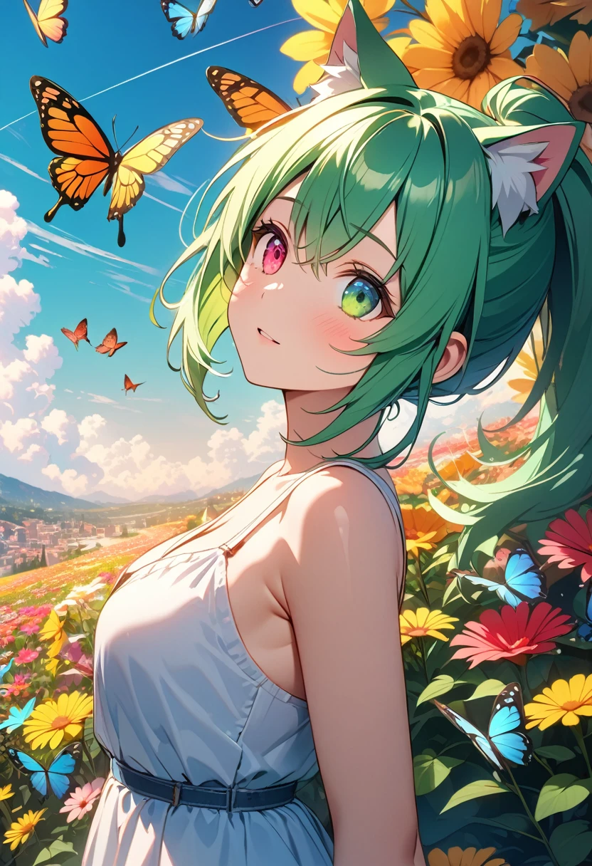 masterpiece, cat girl with green hair, heterochromia of {{{yellow right eye}}} and {{{green left eye}}}, single high ponytail, looking up at the sky), (Many butterflies flying in the sky), Beautiful sky, summer，Colorful flowers are blooming everywhere, Mysterious and dreamy , quality\(8K,CG wallpaper, masterpiece,High resolution,top-quality, Best quality,Very detailed,Light,Ray Tracing,Golden Ratio), drop shadow, anaglyph, stereogram, tachi-e, atmospheric perspective, 8K, super detail, best quality, anatomically correct, close up