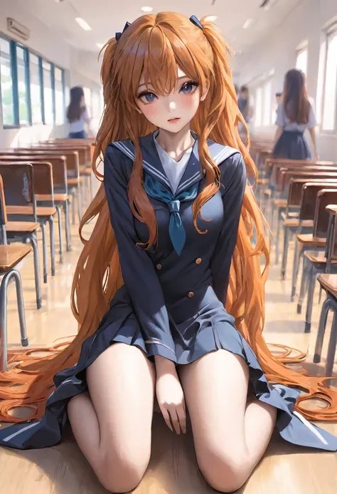 one girl， sexy，uniform、take a full body photo、hair is too long、hair down to the feet, school, orange hair, stand up, sharp eye,h...