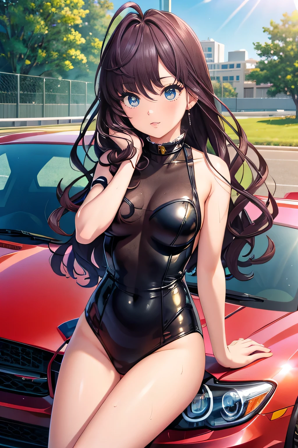 2D anime,highres,sunlight,from top,1girl,cute face,High-cut Thong small leotard,grid girl,
shiny skin,big breasts,(nose blush,closeg mouth),thin thigs,
sitting on car hood,sexy pose,
motor show stage,motorsport,sports car,
outdoors,parking,car background,sweat,looking at viewer,
embarrassed,