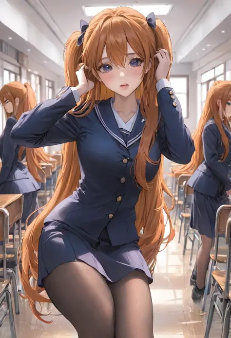 one girl， sexy，uniform、take a full body photo、hair is too long、hair down to the feet, school, orange hair, stand up, sharp eye,h...