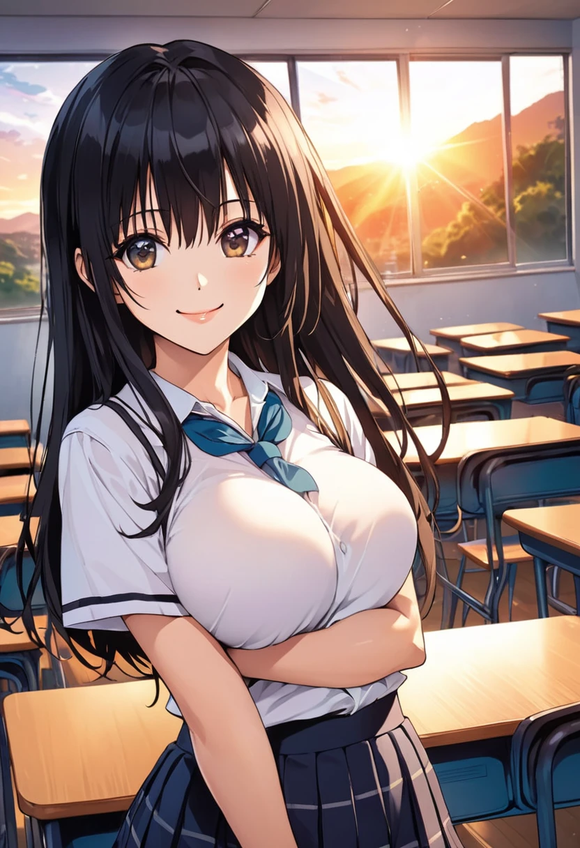 masterpiece, Highest quality, High resolution, (Yui Kotegawa),1990s \(style\), height: 160cm, Black Hair,Long Hair、school uniform,(C cup beautiful breasts)、sexy、Configuration from the front、Smiling face,smile,Anime-style painting style,A composition that focuses on the whole body、cinematic lightong,Superfine,The background is a school classroom,sunset,magnificent view,