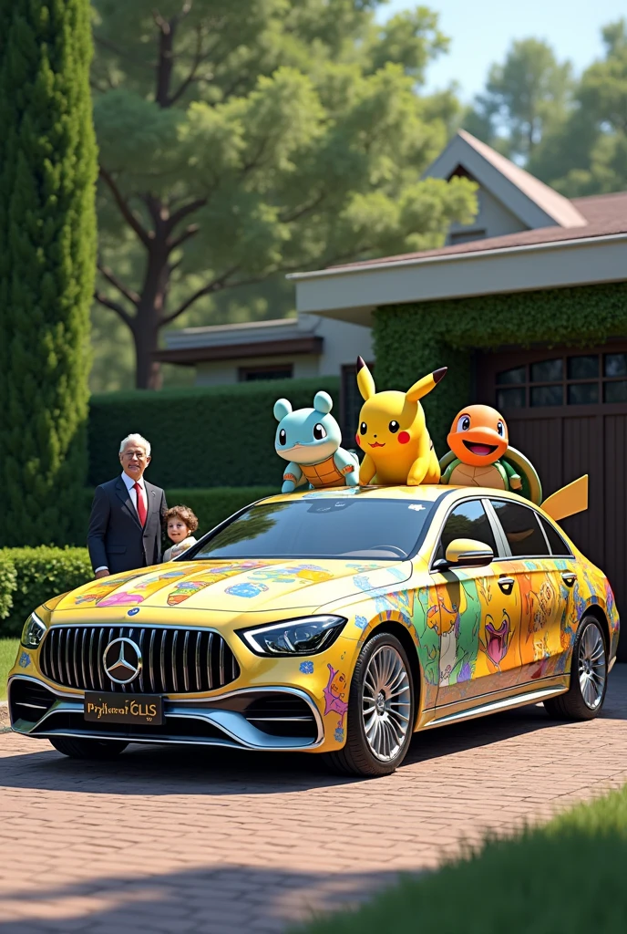 A &quot;itasha&quot; car painted with Pikachu, Bulbasaur, Charizard, and Squirtle, Mercedes-Maybach GLS, An elderly butler standing next to a smiling child