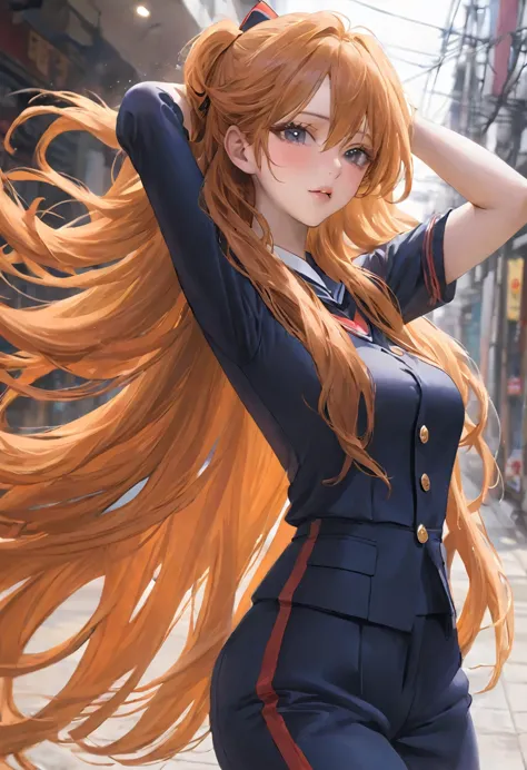 one girl， sexy，uniform、take a full body photo、hair is too long、hair longer than height, orange hair, stand up, sharp eye, touchi...