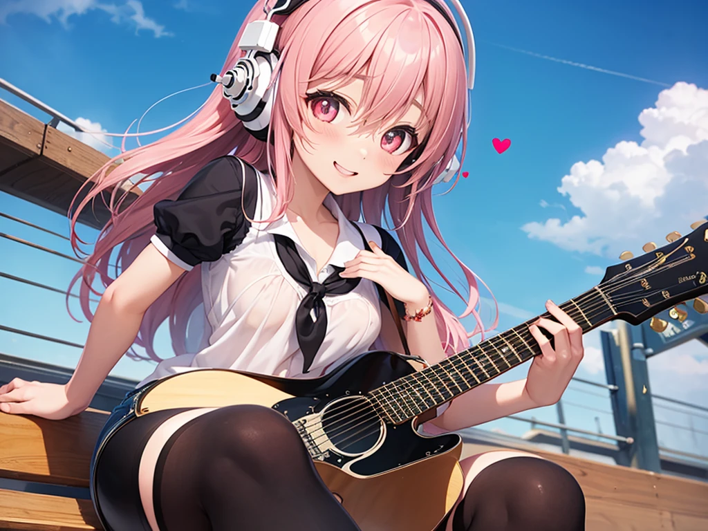 A beautiful anime girl, very beautiful face, happy face, happy smile , very long hair, pink hair, headphones, Red eyes, happy face, heart-shaped pupils, super sonic, very detailed eyes, sitting outside a school,view from above, beautiful body, small breasts, thin thighs, diaphragm, cropped blouse, shows the navel,short jeans, thigh high socks, beautiful female body, body 1:3 ,playing guitar,  a school, sitting on a bench, maximum quality, Perfect anatomy, masterpiece, HD, well detailed 
