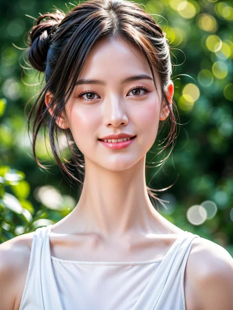 a 3 chinese woman，hair up，delicate facial features，smile，clear facial features，wearing a white top，standing in the park，front vi...