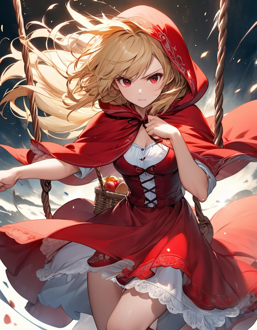 little red riding hood in fairy tale，Red eyes，blond hair，Wearing a red short cloak，The cape covered her head，The cloak fluttered greatly in the wind。Carrying a picnic basket in the left hand，Swing your right hand forward forcefully，Handsome fighting posture，Very impressive，Her movements are dynamic，Panoramic Figure