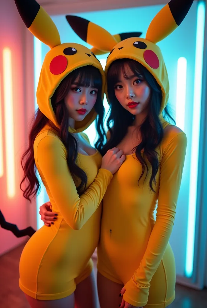 ((masterpiece, Highest quality, Best image quality, High resolution, Realistic, RAW Photos, 8k, Highly detailed CG synthesis 8k wallpaper)), (Huge and stunning goddess shot, Very hot and sexy, Incredible beauty, Perfect Proportions, Beautiful body, Slim body beauty:1.4), Two girls, Pikachu and Mimikyu, cosplaying as Pokemon, pose for the camera in a photo booth,