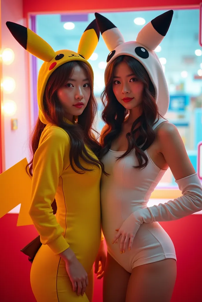 ((masterpiece, Highest quality, Best image quality, High resolution, Realistic, RAW Photos, 8k, Highly detailed CG synthesis 8k wallpaper)), (Huge and stunning goddess shot, Very hot and sexy, Incredible beauty, Perfect Proportions, Beautiful body, Slim body beauty:1.4), Two girls, Pikachu and Mimikyu, cosplaying as Pokemon, pose for the camera in a photo booth,