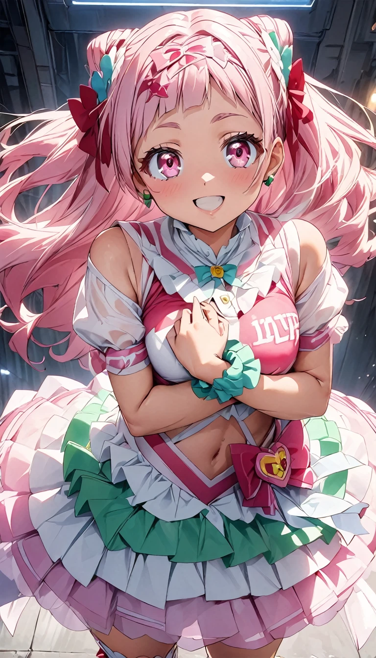 score_9, score_8_up, score_7_up, score_6_up, score_5_up, score_4_up, (Perfect Anatomy)、Mastepiece、Ultra High Quality、 8k、masterpiece、Highest quality、Ultra-high resolution、Maximum resolution、Very detailed、Professional Lighting、anime、 Pretty Cure、 hug！Pretty Cure、Cure Yell, Pink Hair, Pink Eyes, Chignon Hair、smile, 1girl,