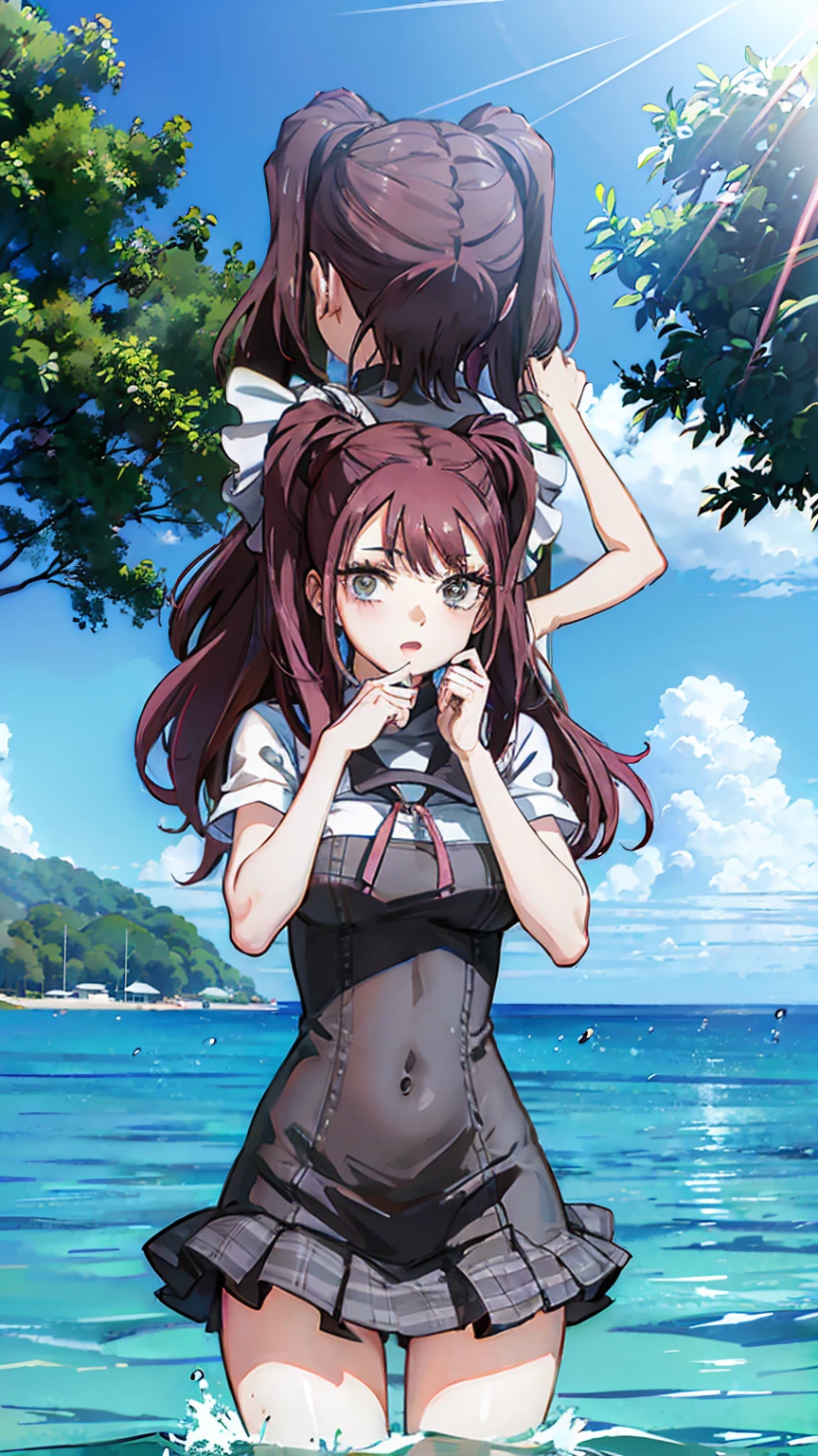 ultra high quality,masterpiece,(((uniform,hands_on_head))), kujikawa_rise/(persona_4),(((Having fun in the water around the beach))),BREAK,(((pink_long_twintail_hair,matur_adult)))