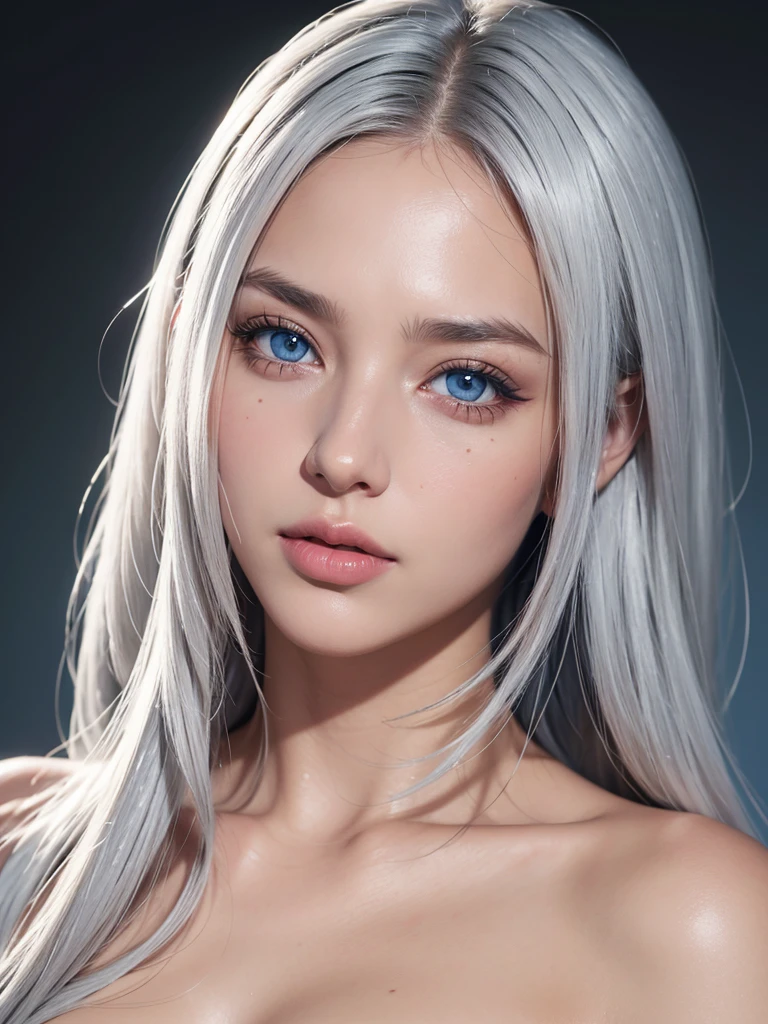 1girl, beautiful detailed eyes, beautiful detailed lips, extremely detailed eyes and face, long eyelashes, white hair, long hair, light blue eyes, black lips, round lips, gigantic breasts, photorealistic, 8k, highres, masterpiece, ultra-detailed, realistic, hyper detailed, studio lighting, vivid colors, perfect face, incredible detail, porcelain skin, flawless skin