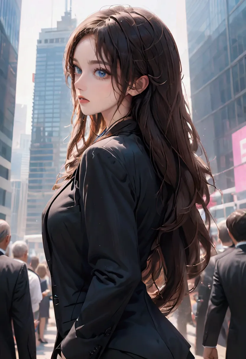 (highest quality)(1 female,single,long hair,brown hair,blue eyes,fit ,black suit shirt,facing the audience,skyscraper background...