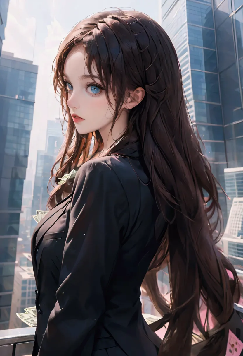 (highest quality)(1 female,single,very long hair,brown hair,blue eyes,fit ,black suit shirt,to the audience,skyscraper backgroun...