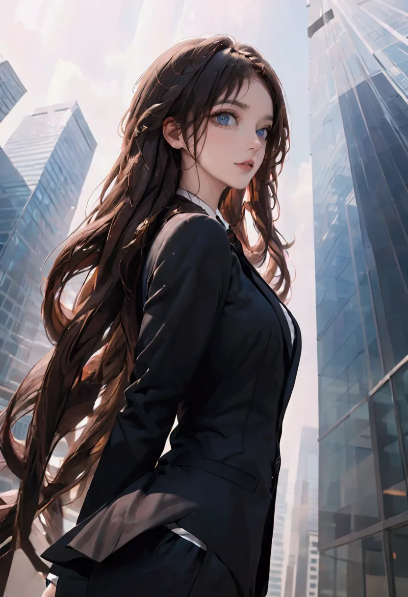 (highest quality)(1 female,single,very long hair,brown hair,blue eyes,fit ,black suit shirt,to the audience,skyscraper backgroun...