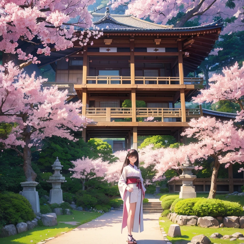 ((Highest quality)), ((masterpiece)), ((Realistic)), Standing in a tranquil Japanese garden with cherry blossoms at eye level、A girl with perfect beauty, Scenic, masterpiece, (High resolution), original, extremely detailed 8K , (photoRealistic:1.4),Perfect Face, Perfect Eyes,Symmetrical body type,smile, 