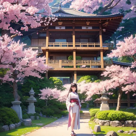 ((highest quality)), ((masterpiece)), ((realistic)), standing in a tranquil japanese garden with cherry blossoms at eye level、a ...