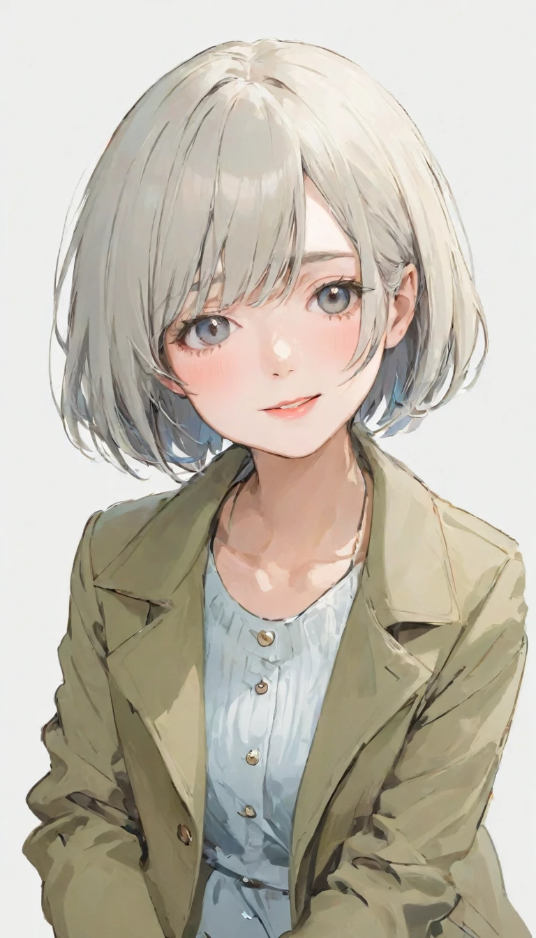 【best quality, On the table】 [girl, coat, Poker face, positive, Gray hair, Slim beauty,Straight Hair, short hair ,Upper Body] (Off-white background:1.5),No smile,