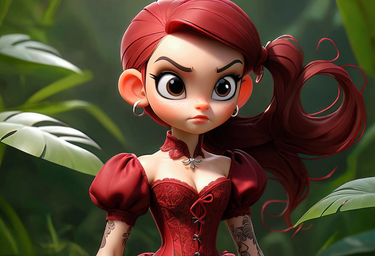 child girl, full body, pony tail, cute, petite, lace transparentdark red corset, lace transparent sexy stockung with pattern, sexy pose, masterpiece, best quality, 8k, detailed skin texture, detailed cloth texture, beautiful detailed face, intricate details, ultra detailed, in jungle