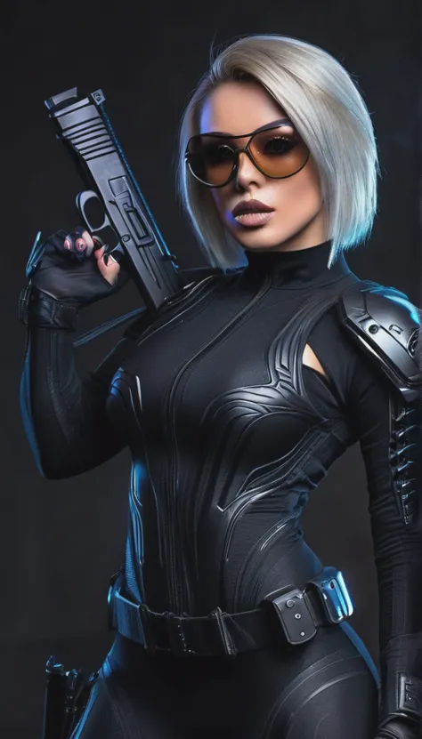 a beautiful fit female warrior holding a gun, very short hair，wearing a tight-fitting black combat stealth suit, comfortable and...