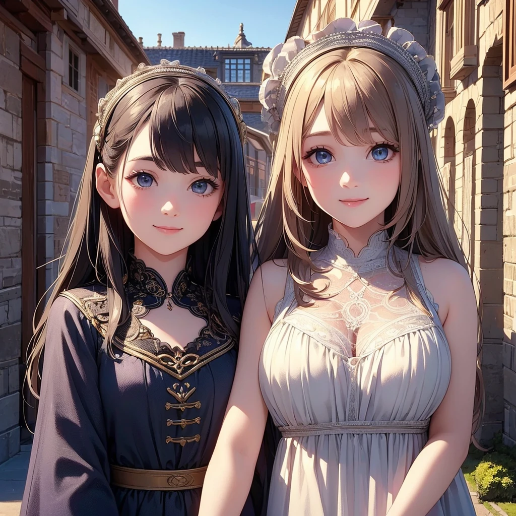 ((Highest quality)), ((masterpiece)) 、A girl with perfect beauty, Scenic, masterpiece, (High resolution), original, extremely detailed 8K , (Photorealistic:1.4),Perfect Face, Perfect Eyes,Symmetrical body type,smile, Medieval European style street、Cool dress