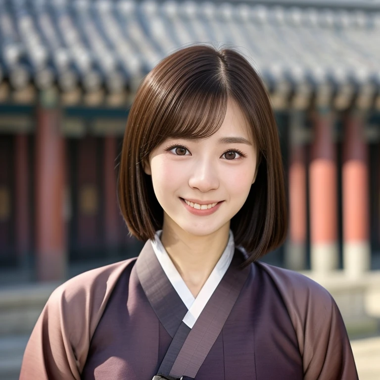 (kawaii 24 year-old Japanese girl, Nogizaka idol, Korean idol), healthy female athlete body, (glossy brown hair, random hair style, with traditional hair ornaments:1.3), (rounded face, beautiful black eyes, single eyelid, no makeup, best smile:1.2), (looking at viewer), (wearing Hanbok, Korean traditional cloth:1.3), perfect shaped extra small breasts, BREAK, (Korean temple background:1.3), (dynamic angle, seductive posing, upper body shot:1.3),  BREAK, (masterpiece, best quality, photo realistic, official art:1.4), (UHD, 8K quality wallpaper, high resolution, raw photo, golden ratio:1.3), (shiny skin), professional lighting, physically based rendering, award winning, (highly detailed skin, extremely detailed face and eyes, anatomically correct), Carl Zeiss 85 mm F/1.4, depth of field, 1girl, solo,