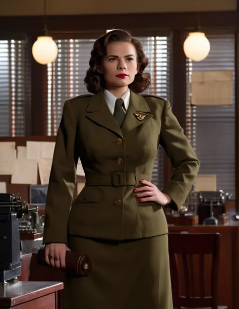 cinematic photo (full height:1.3), a timeless  (((ohwx woman)))  as peggy carter. heavily pregnant. lrge breasts. dressed in her...