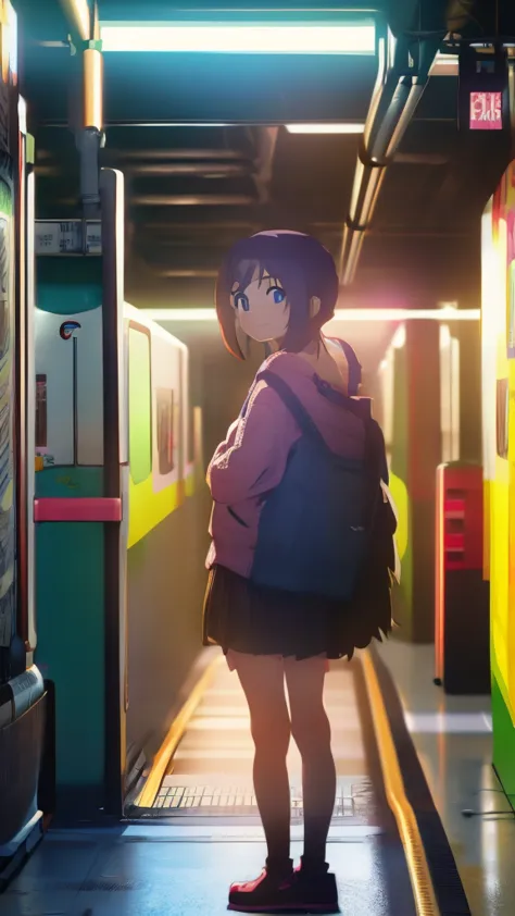 anime girl standing in a subway station with a train in the background, lofi girl, anime aesthetic, lofi artstyle, anime visual ...