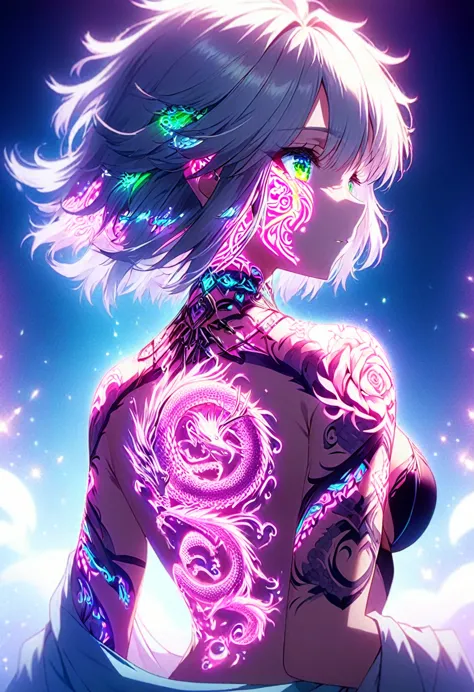 anime screenshots、artistic anime illustration of a girl adorned with thick, glowing neon dragon tattoos on her body and face。the...