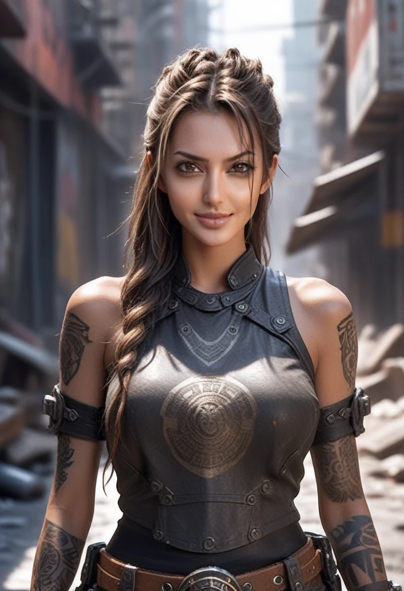 ((burst smile)),excited,full body shot,,a hyper realistic ultra detailed photograph oF a Futuristic beautiFul barbarian woman ((wearing sunglasses )) at a dystopian city, tattered outFit with rusty metal armor plates, long hair, Hand and body tattoos, Fashion pose, detailed symmetric beautiFul hazel eyes, detailed gorgeous Face, Bad environment, exquisite details, 30 megapixels, 4K, Canon EOS 5D Mark IV DSLR Camera, 85 mm lens, sharp Focus, There are complicated details., Long exposure time, F/8, ISO100, Shutter Speed 1/125, diFFuse back lighting, award winning photos, Facing camera, Look into the camera, monovisions, perFect contrast, high definition, Facial symmetry, depth oF Field, Highly detailed photography, Ray tracing, world class illumination, Tanveer Tamim, smooth, ultra high deFinition, 8ก, unreal engine 5, ultra sharp Focus, award winning photos, Trending on artstation,((attack sexy pose))
