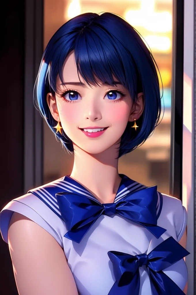 (alone, One girl), (Absurd, High resolution, formula wallpaper, Poster), (masterpiece, Highest quality:1.2), (figure, Realistic), (Perfect detail, Most detailed, Very detailed), Dramatic Light, Ami Mizuno, (Sailor Mercury, Neck ribbon, Blue Hair, short hair, Circlet, jewelry, Crescent-shaped earrings), (city, Starry Sky), (Captivating smile, blush, Are standing)