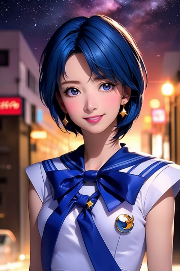 (alone, One girl), (Absurd, High resolution, formula wallpaper, Poster), (masterpiece, Highest quality:1.2), (figure, Realistic), (Perfect detail, Most detailed, Very detailed), Dramatic Light, Ami Mizuno, (Sailor Mercury, Neck ribbon, Blue Hair, short hair, Circlet, jewelry, Crescent-shaped earrings), (city, Starry Sky), (Captivating smile, blush, Are standing)