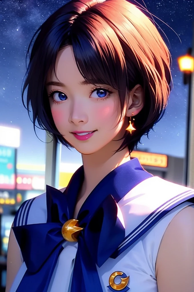 (alone, One girl), (Absurd, High resolution, formula wallpaper, Poster), (masterpiece, Highest quality:1.2), (figure, Realistic), (Perfect detail, Most detailed, Very detailed), Dramatic Light, Ami Mizuno, (Sailor Mercury, Neck ribbon, Blue Hair, short hair, Circlet, jewelry, Crescent-shaped earrings), (city, Starry Sky), (Captivating smile, blush, Are standing)