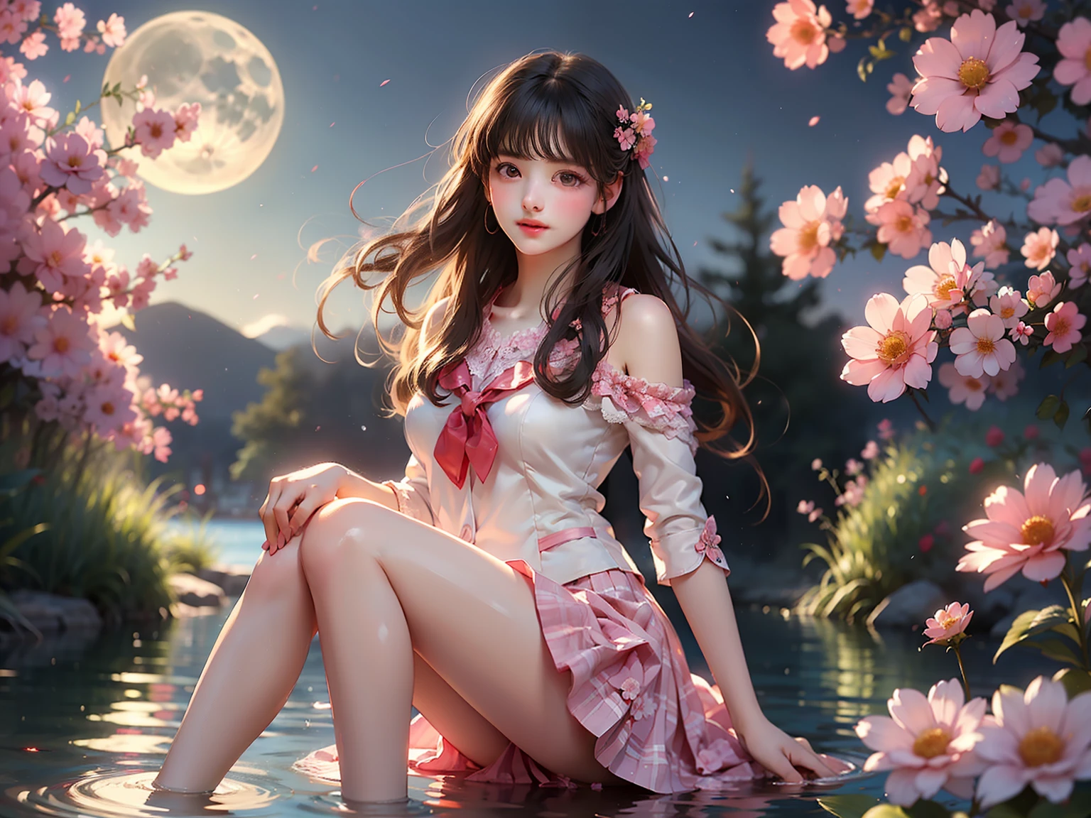 nogizaka_custom, (High quality details), 1 Girl, solo, Young women, Elegant Posture, ((night, moonlight)), (Female figure，Lie flat in the water，Relaxed expression), (Focus on natural body posture and correct anatomy:1.3), (Perfect leg proportions:1.3)，(True and accurate leg shape:1.2), ((Natural leg position)), The skirt is very short, One hand stroked the hem of the skirt, Lift the hem of the skirt, Bare shoulders, Natural posture, Soft expression, Exquisite makeup, Soft blush, Bright Eyes, Soft lips, Flower fairy style, ((Anatomically accurate)), (Real natural legs), Smooth skin, Soft lighting, high resolution, 8K Ultra HD, Clear focus, Professional photography effects, Random elegant scenes, Multi-angle shooting