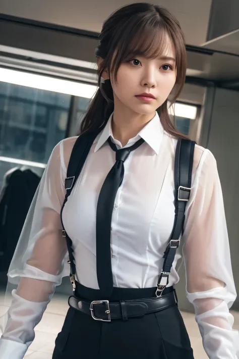 a woman in a suit, belt, hands behind back, sweating, suspenders, black pants, sexly, large breasts, see-through clothing, rain,...