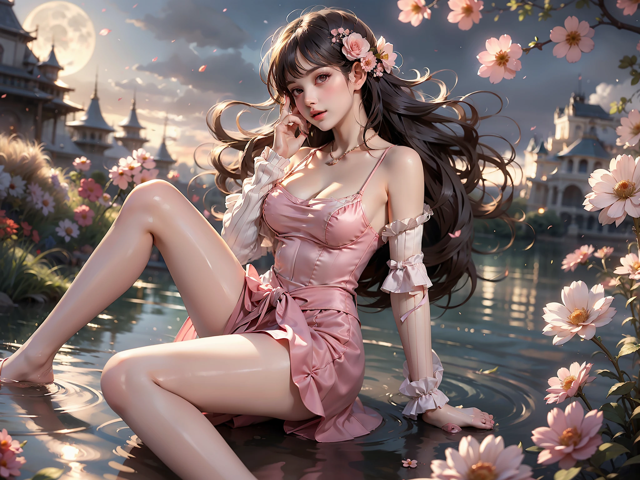 white shirt, dress with pink skirt (High quality details), 1 Girl, solo, Young women, Elegant Posture, ((night, moonlight)), (Female figure，Lie flat in the water，Relaxed expression), (Focus on natural body posture and correct anatomy:1.3), (Perfect leg proportions:1.3)，(True and accurate leg shape:1.2), ((Natural leg position)), The skirt is very short, One hand stroked the hem of the skirt, Lift the hem of the skirt, Bare shoulders, Natural posture, Soft expression, Exquisite makeup, Soft blush, Bright Eyes, Soft lips, Flower fairy style, ((Anatomically accurate)), (Real natural legs), Smooth skin, Soft lighting, high resolution, 8K Ultra HD, Clear focus, Professional photography effects, Random elegant scenes, Multi-angle shooting