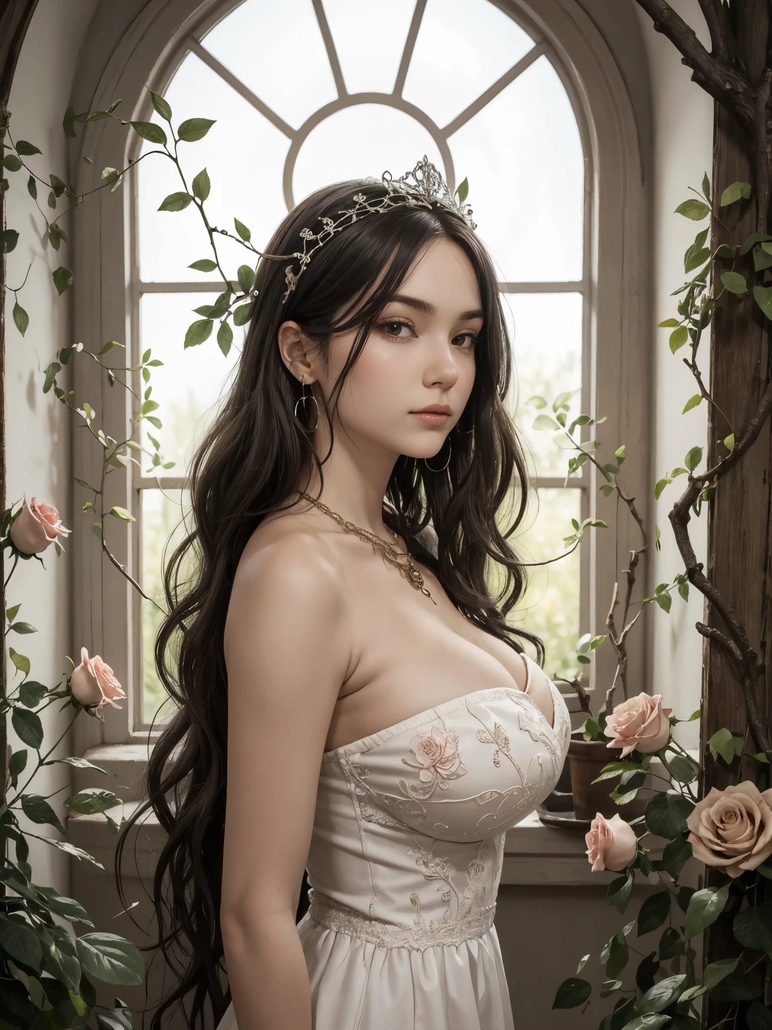 girl, (from side:0.8), curly hair, very long hair, detailed hair, detailed face, looking at viewer, detailed skin, shiny skin, white strapless top, (cleavage:1.2), sideboob, gigantic breast, flower embroidered-trim, big chunk headpiece made from tree branches, filigree details, clavicles, necklace, earring, minimalistic, simple, solitary, brunette, standing, large window, soft sunlight, dimly lit room, long shadow, calm and peaceful scenery, garden, olive trees, roses, quiet, serene, melancholic,