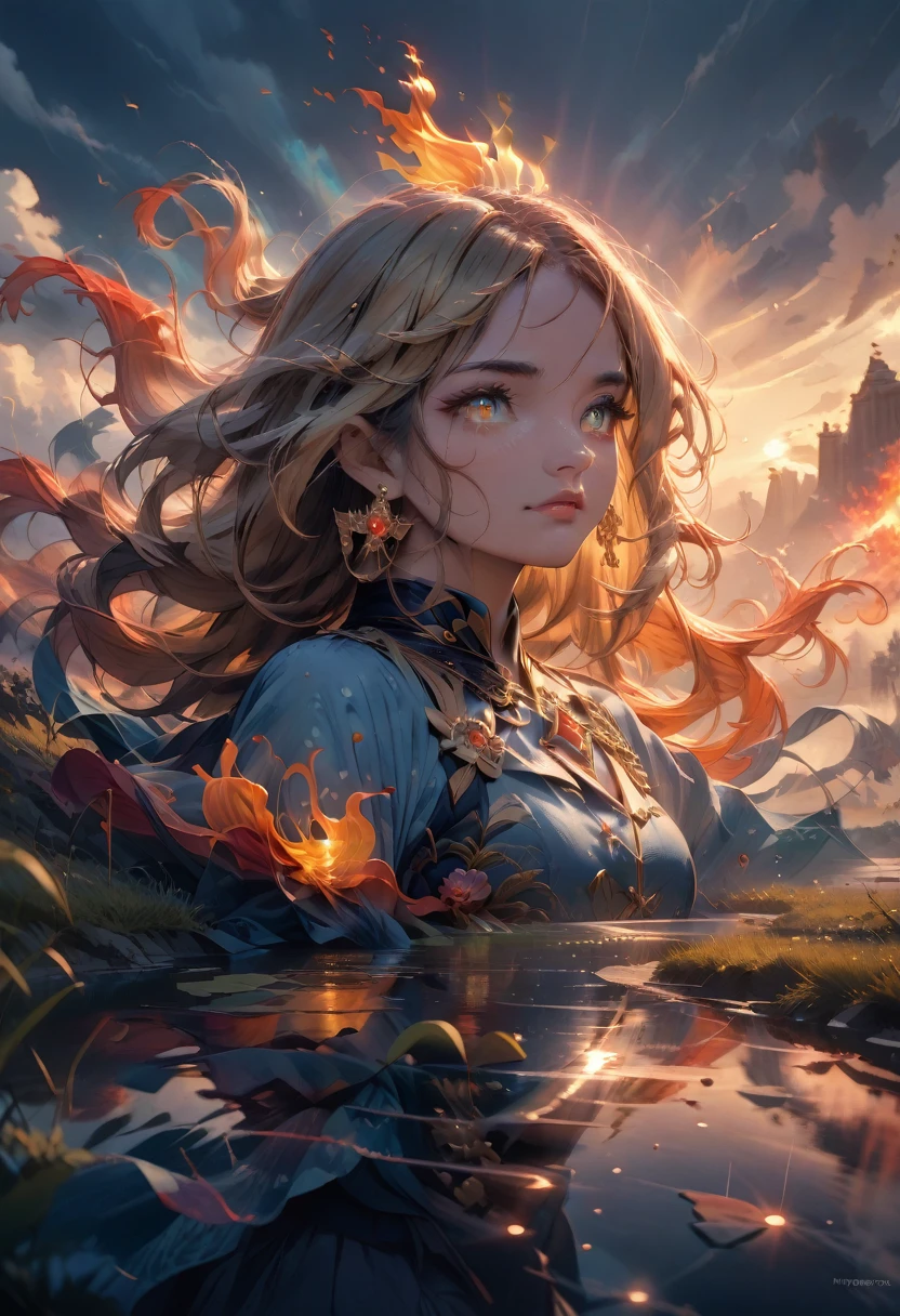 Beautiful Chinese woman, standing on the water, foggy reflection, huge divine phoenix bird in the sky, magic, Fantasy, dynamic pose, consists of multi-colored glowing flames, gentle face, tender eyes, long black and golden hair, in amber and sky blue Hanfu suit, Delicate and complex patterns, ink painting, golden bronzing, epic composition, soft shadows, Clean sharp focus, cinematography, central composition, Design Poster, film photography, panorama, 32k --in 6