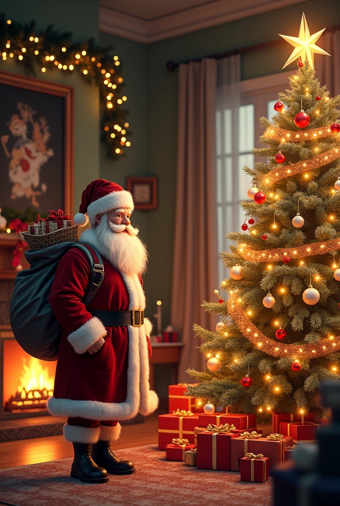 Give the most beautiful meanings through writing.The image was meant to depict a huge, beautifully decorated Christmas tree standing in a cozy, warmly lit living room. The tree would be adorned with lights, ornaments, and a star on top. Beside the tree, a handsome Santa Claus, dressed in a traditional red suit with white fur trim, would be holding a sack of gifts. The room would be decorated with festive elements like garlands and stockings hung by a fireplace in the background.