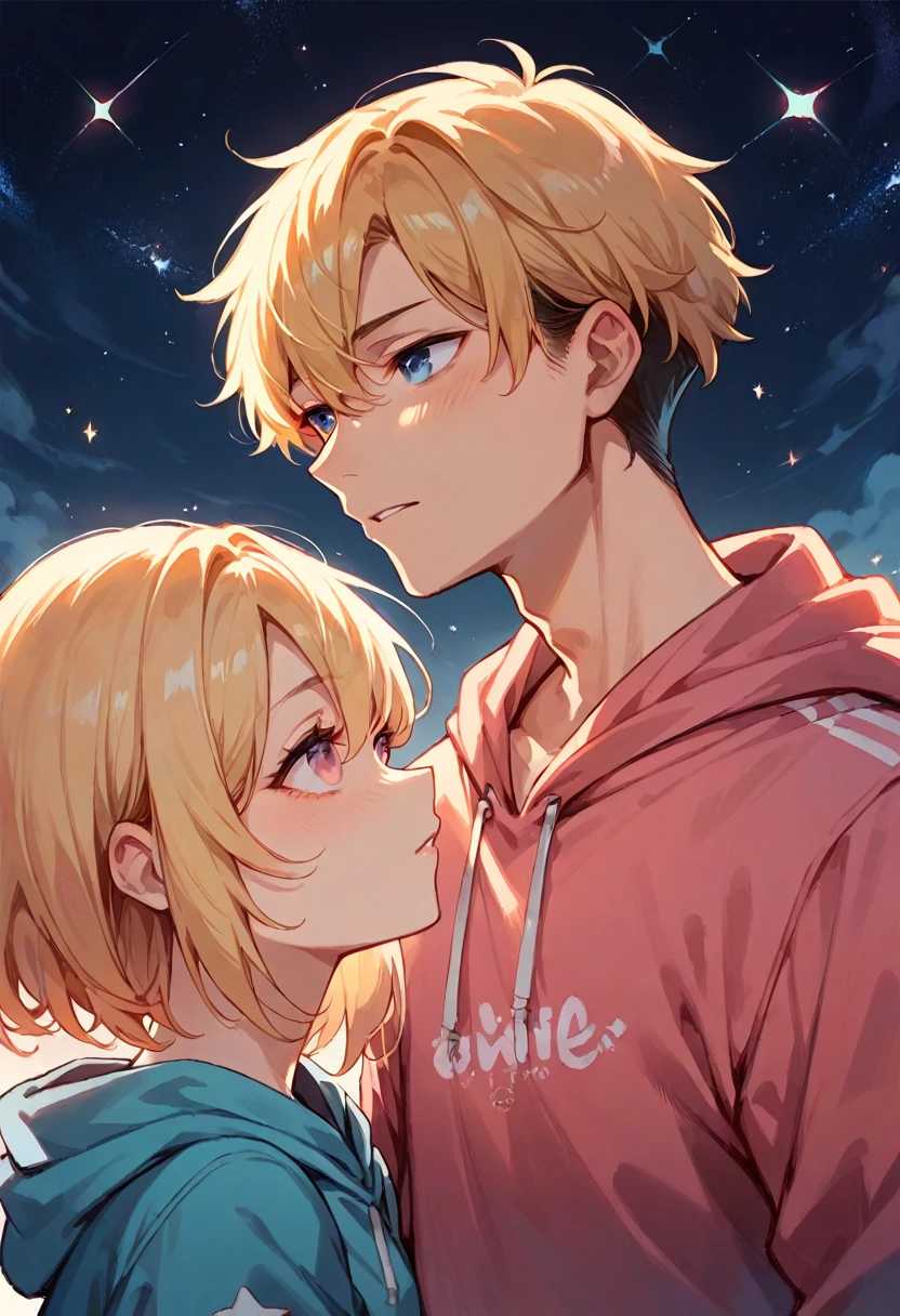 Highest quality，Couple，Short black hair，Blue Eyes，Long blonde，Pink Eyes，Matching hoodies，Starry Sky