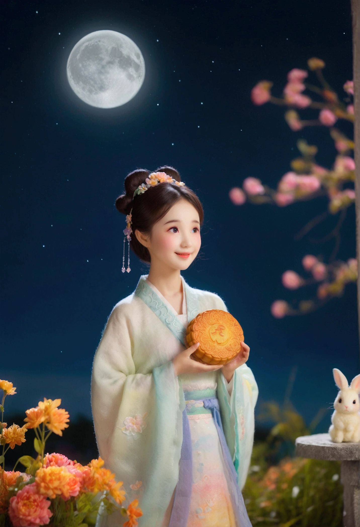 Microphotography,Felt style,1 cute girl wearing Hanfu,big eyes,Felt clothing looks soft and warm in the moonlight,The moon is painted with"Mid-Autumn Festival",She stood under the bright moon,Dancing lightly,Surrounded by the tranquil night sky and hazy clouds,There are also shining stars,beside the girl is a huge round mooncake,Looks sweet and delicious,Side,A cute rabbit is holding another moon cake,colorful flowers and grass,the girl is enjoying the joy brought by the festival,the whole scene is full of life and fun,3D Photography,