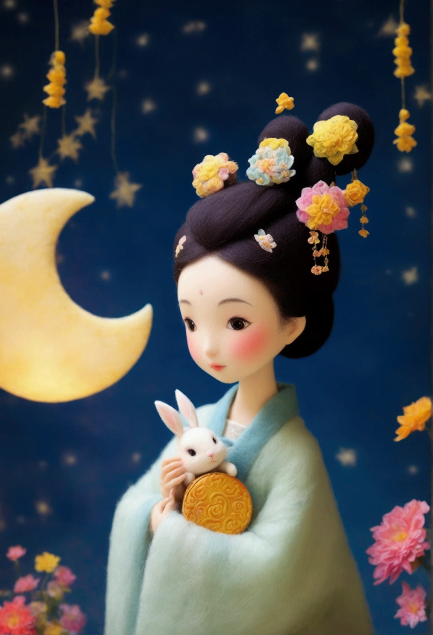 Microphotography,Felt style,1 cute girl wearing Hanfu,big eyes,Felt clothing looks soft and warm in the moonlight,The moon is painted with"Mid-Autumn Festival",She stood under the bright moon,Dancing lightly,Surrounded by the tranquil night sky and hazy clouds,There are also shining stars,beside the girl is a huge round mooncake,Looks sweet and delicious,Side,A cute rabbit is holding another moon cake,colorful flowers and grass,the girl is enjoying the joy brought by the festival,the whole scene is full of life and fun,3D Photography,