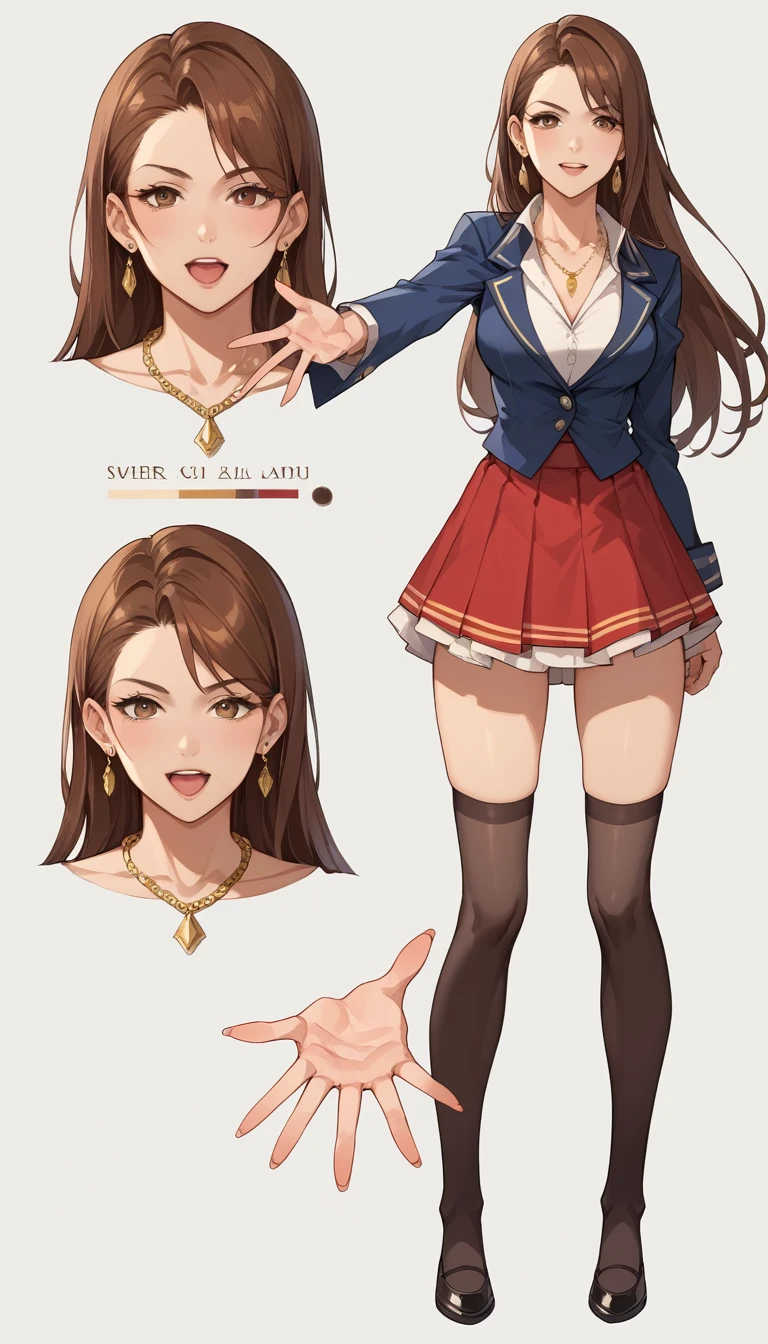 ((masterpiece)),(((Highest quality))),((Character design sheet)), ((Full body image)) figure, Sex Slave Catalog,One girl,Japanese high school girls、Overall slim fit、((gold necklace_Large earrings:1.2)),((Super long brown hair reaching to her knees:1.4))