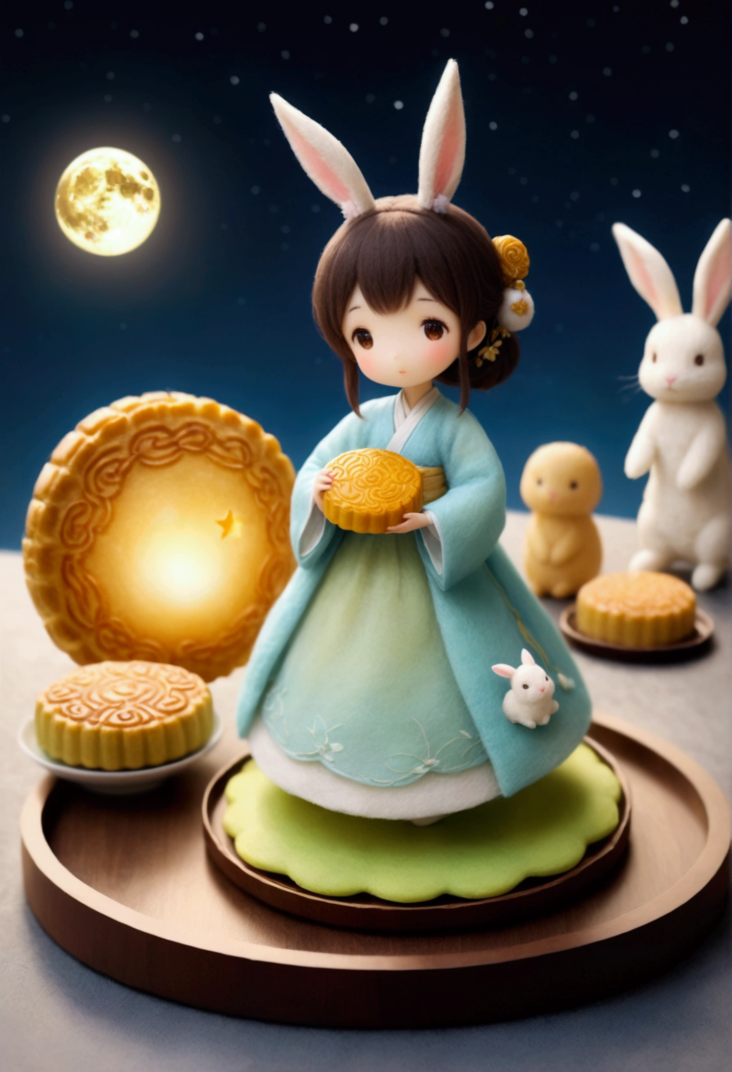 Miniature photography, 3D photography, a cute girl wearing Hanfu. The felt material clothing appears soft and warm under the moonlight, with a glowing moon dancing lightly in the background. Surrounded by a peaceful night sky and hazy clouds, there are sparkling stars. Beside the girl is a huge circular mooncake, which looks sweet and delicious. Beside her, a cute rabbit