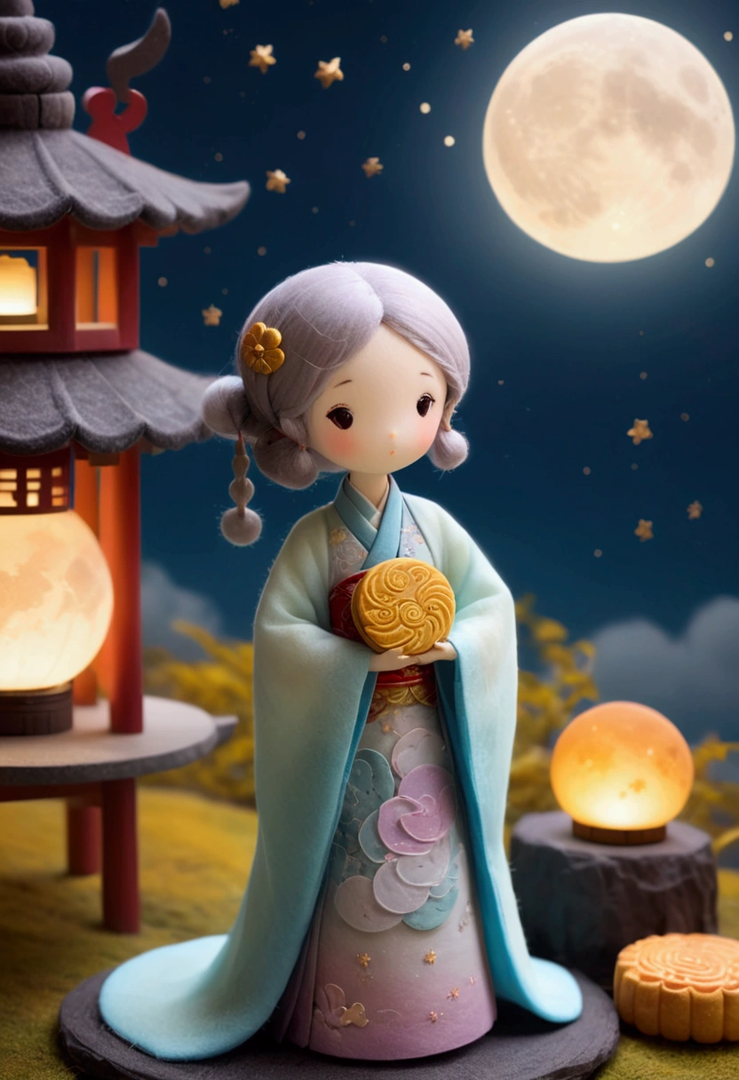 Miniature photography, 3D photography, a cute girl wearing Hanfu. The felt material clothing appears soft and warm under the moonlight, with a glowing moon dancing lightly in the background. Surrounded by a peaceful night sky and hazy clouds, there are sparkling stars. Beside the girl is a huge circular mooncake, which looks sweet and delicious. Beside her, a cute rabbit