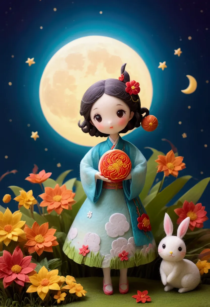 miniature photography,felt style,1 cute girl wearing hanfu,big eyes,felt clothing looks soft and warm in the moonlight,the moon ...