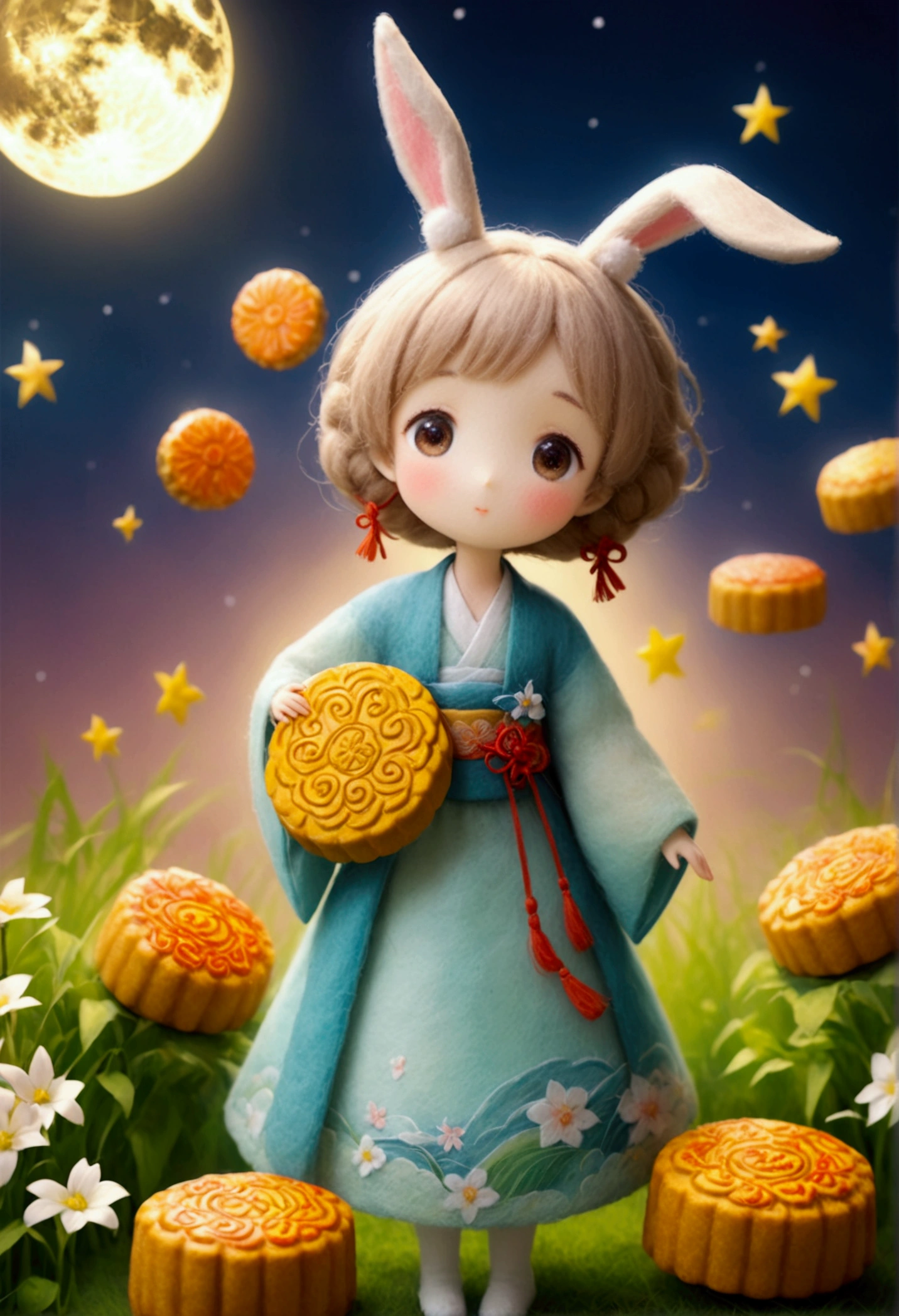 Miniature Photography,Felt style,1 cute girl wearing Hanfu,big eyes,Felt clothing looks soft and warm in the moonlight,The moon is painted with"Mid-Autumn Festival",She stood under the bright moon,Dancing lightly,Surrounded by the tranquil night sky and hazy clouds,There are also shining stars,beside the girl is a huge round mooncake,Looks sweet and delicious,Side,A cute rabbit is holding another moon cake,colorful flowers and grass,the girl is enjoying the joy brought by the festival,the whole scene is full of life and fun,3D Photography,