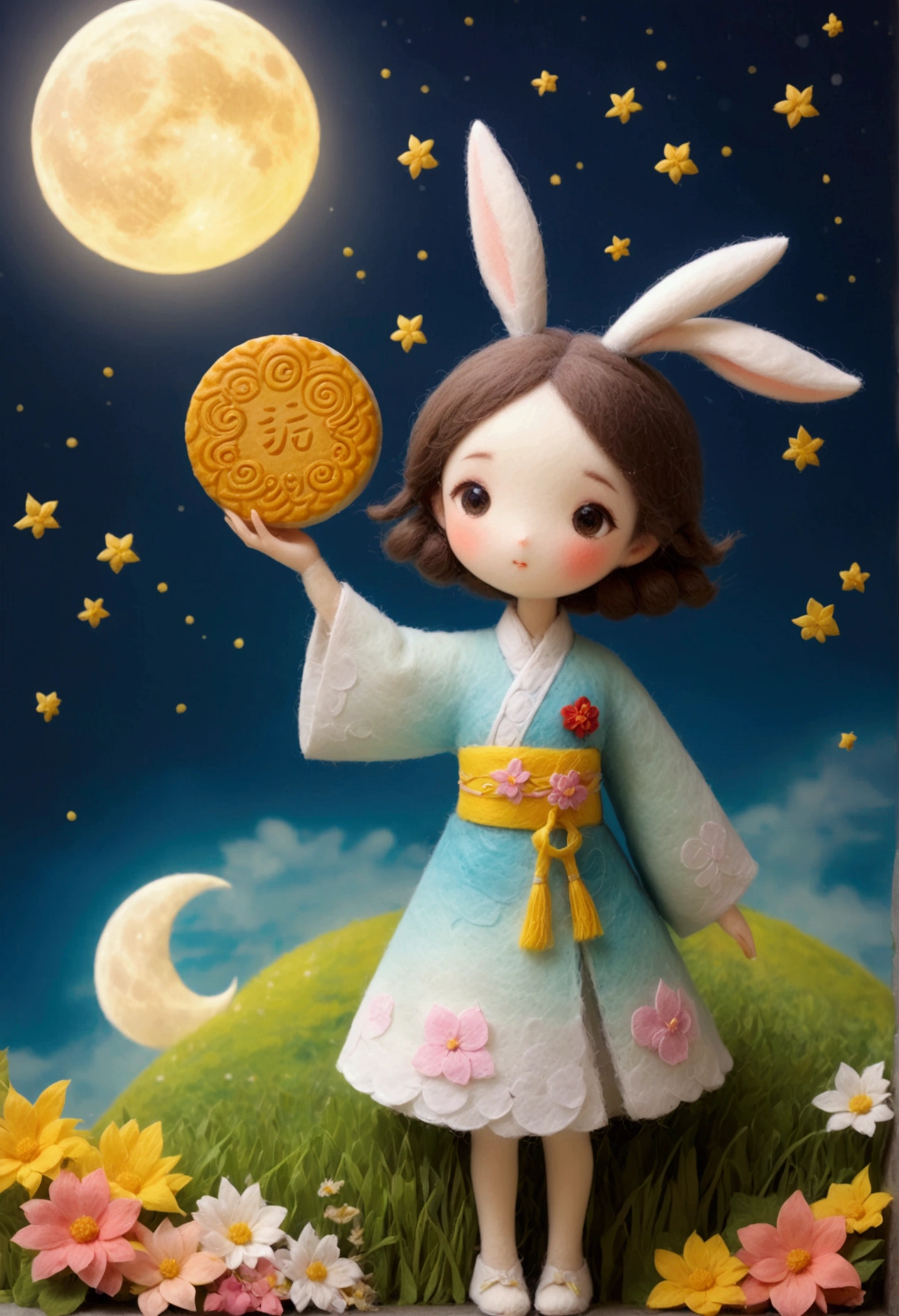 Miniature Photography,Felt style,1 cute girl wearing Hanfu,big eyes,Felt clothing looks soft and warm in the moonlight,The moon is painted with"Mid-Autumn Festival",She stood under the bright moon,Dancing lightly,Surrounded by the tranquil night sky and hazy clouds,There are also shining stars,beside the girl is a huge round mooncake,Looks sweet and delicious,Side,A cute rabbit is holding another moon cake,colorful flowers and grass,the girl is enjoying the joy brought by the festival,the whole scene is full of life and fun,3D Photography,
Waiting to start 
